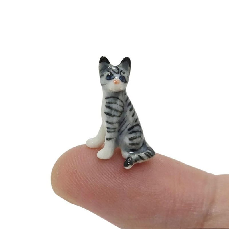 WitnyStore Tiny 3" Long Brown White Tabby Shorthair Cat Lying On Side Figurine - Miniature Hand Made Painted Ceramic Cats Kitten Feline Animal Cute Porcelain Decorative Collectible Figures DÃ©cor Gifts - Image 1